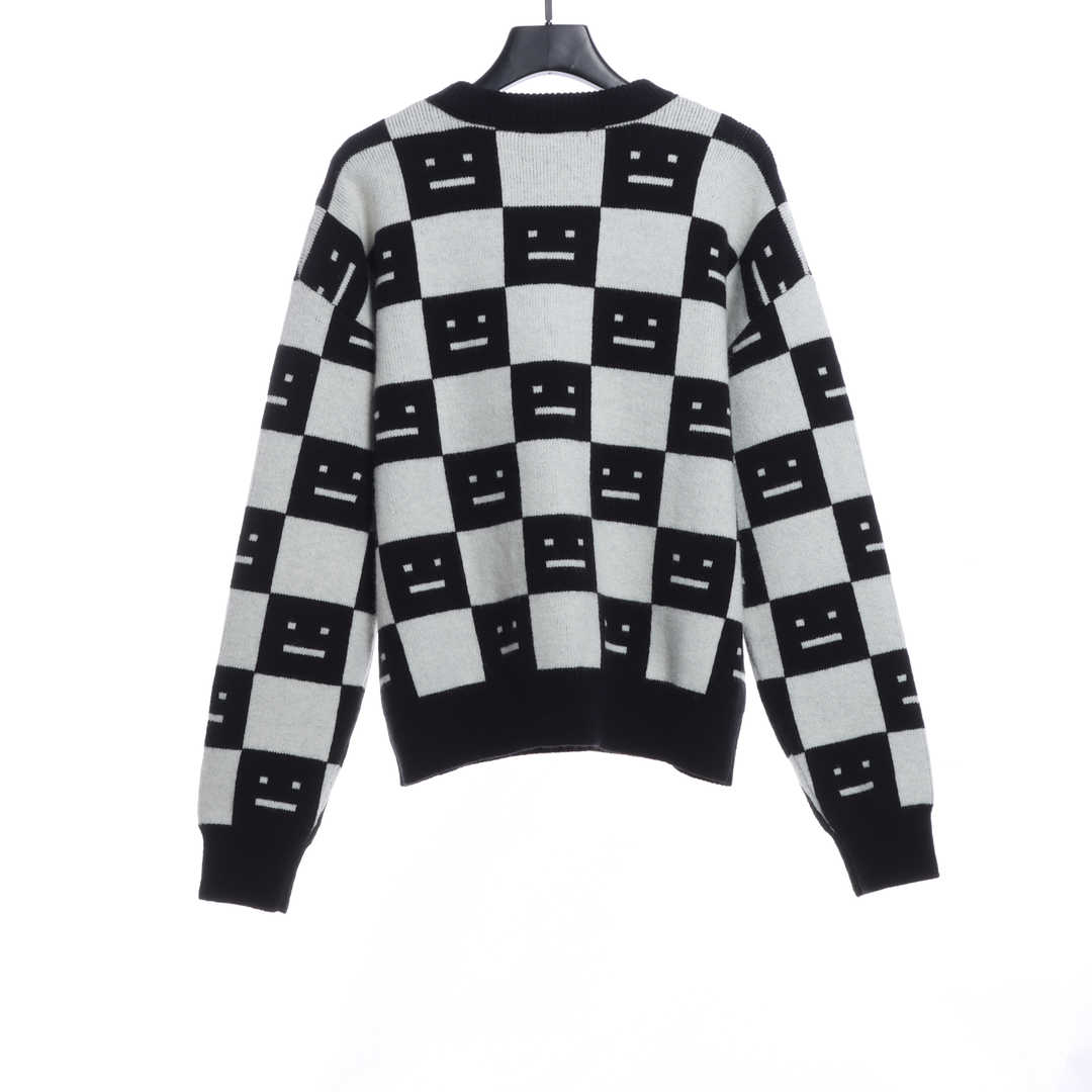 22S SACNE STUDIOS Checkerboard Square Smiley Crew Neck Sweater
