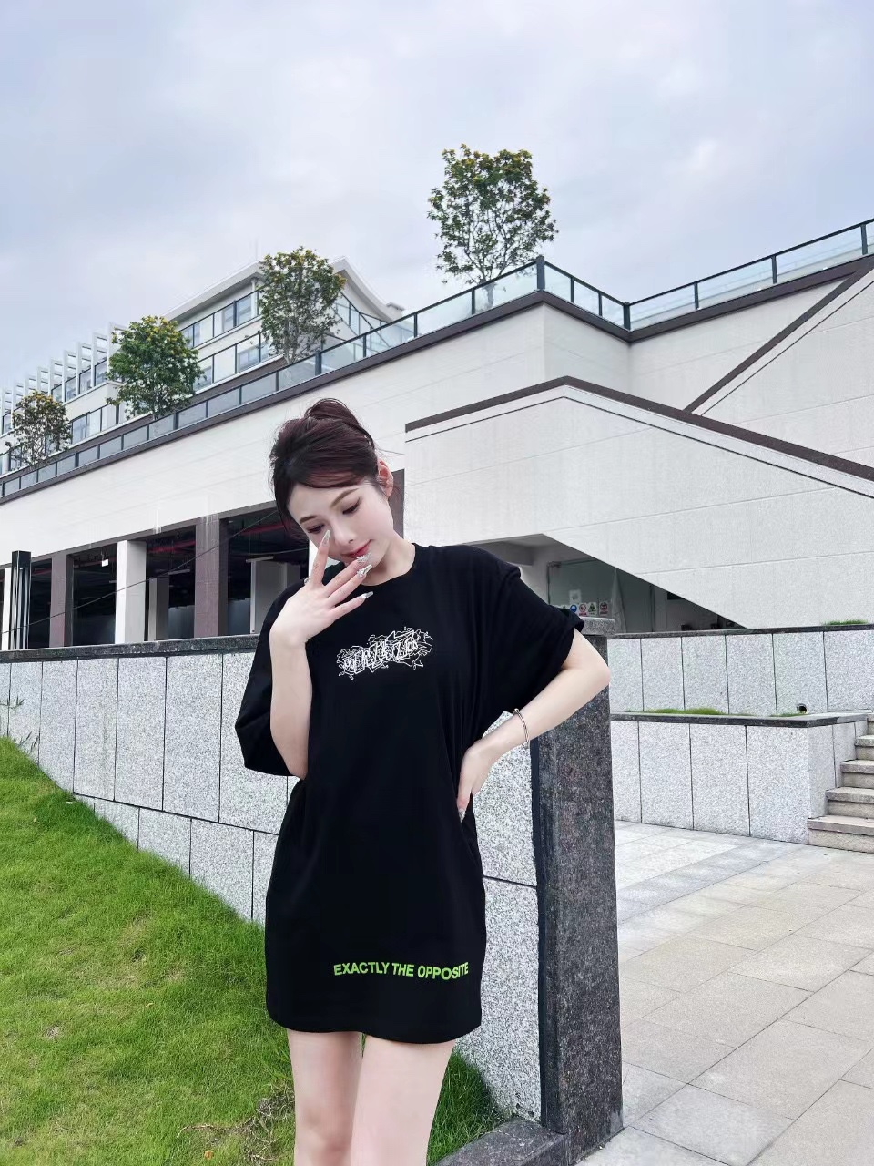 OW embroidery flocking print pattern short sleeve